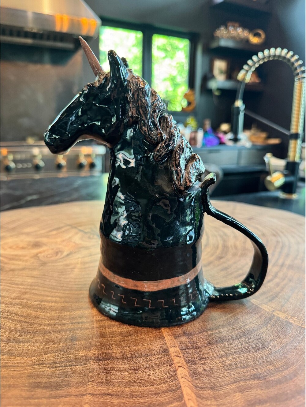 Vintage Studio Pottery Black Ceramic Unicorn Rhyton Mug – Handcrafted 7.5"